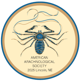 Circular logo with a teal and navy illustration of anarachnid centered on a tan background. Around the edge is a teal border. Below the arachnid, the text reads “American Arachnological Society” and “2026 Lincoln, NE."”